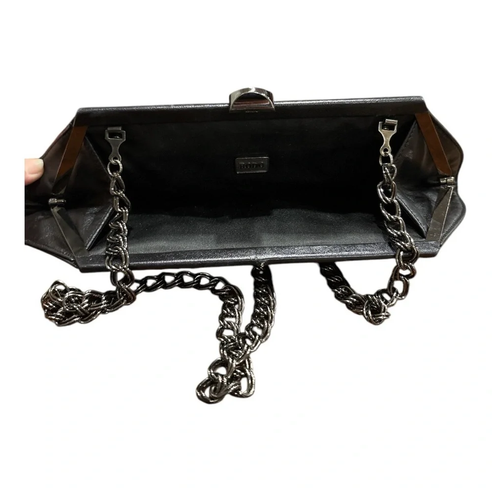 RODO Vintage Black Pleated Leather Clutch Bag with Chain Strap P9